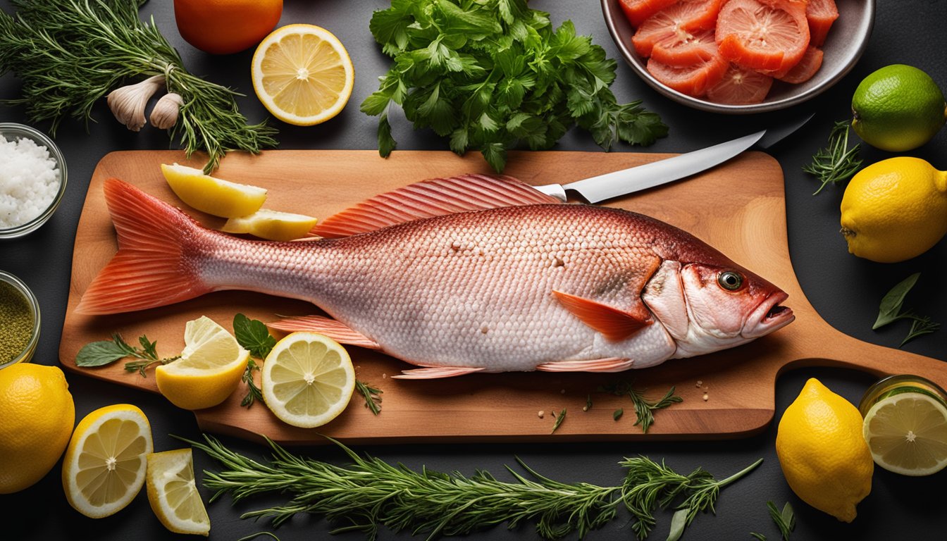 A red snapper fish lying on a clean cutting board, surrounded by fresh herbs, lemon slices, and seasonings. A sharp knife and a pair of kitchen shears are nearby, ready for preparation