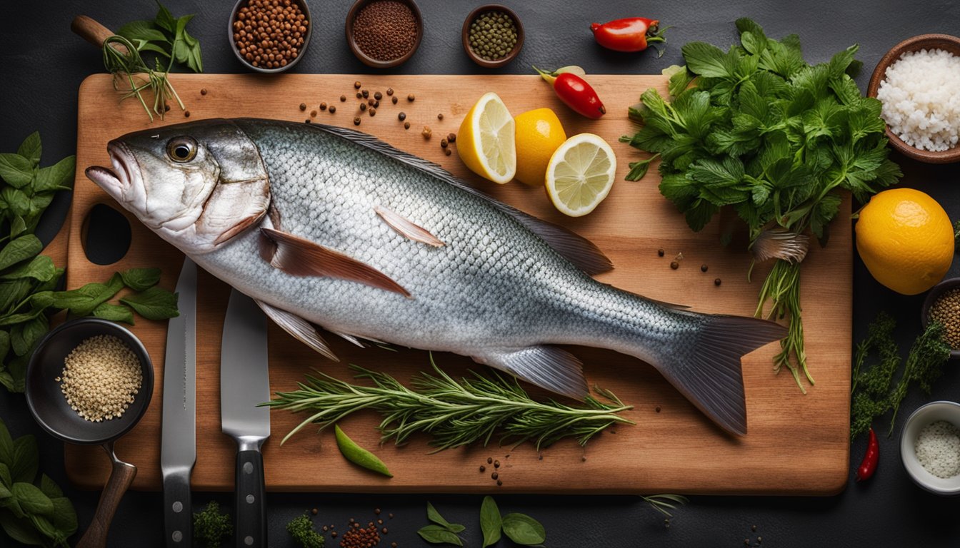 A red snapper fish lying on a cutting board surrounded by various herbs, spices, and cooking utensils. A chef's knife is positioned nearby, ready to prepare the fish
