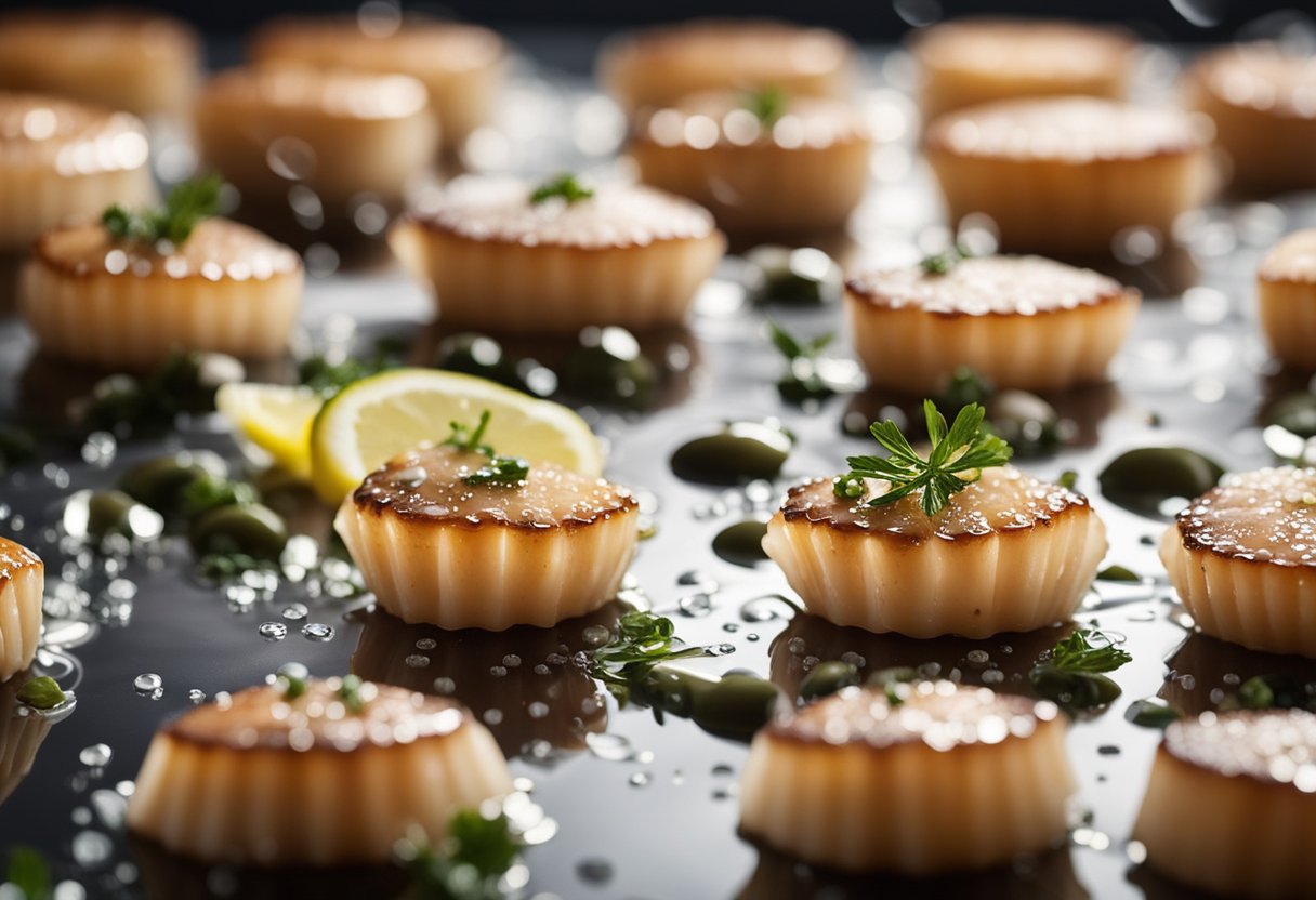 Scallops sit on a clean, dry surface. A sprinkle of salt and pepper is applied to each side, followed by a drizzle of olive oil