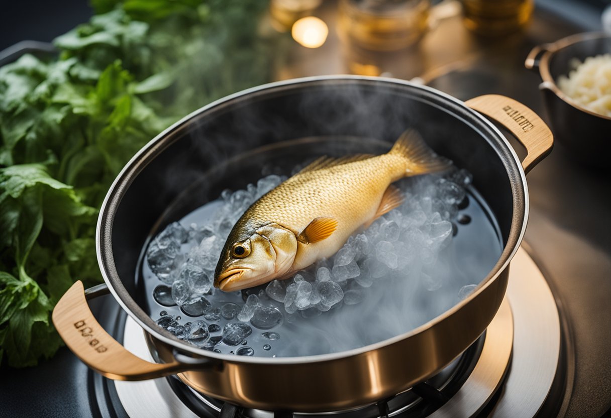 A pot of water simmers on a stovetop. A fish fillet hovers above the steam, enclosed in a bamboo steamer