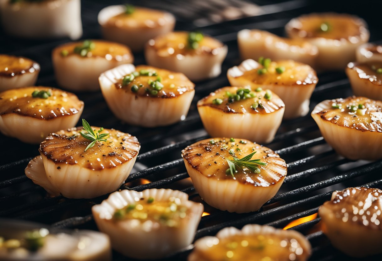 Scallops being seasoned with spices and olive oil before being placed on a hot grill
