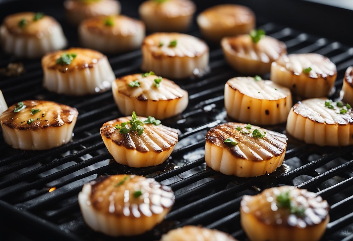 Scallops being seasoned with salt, pepper, and olive oil before being placed on a hot grill
