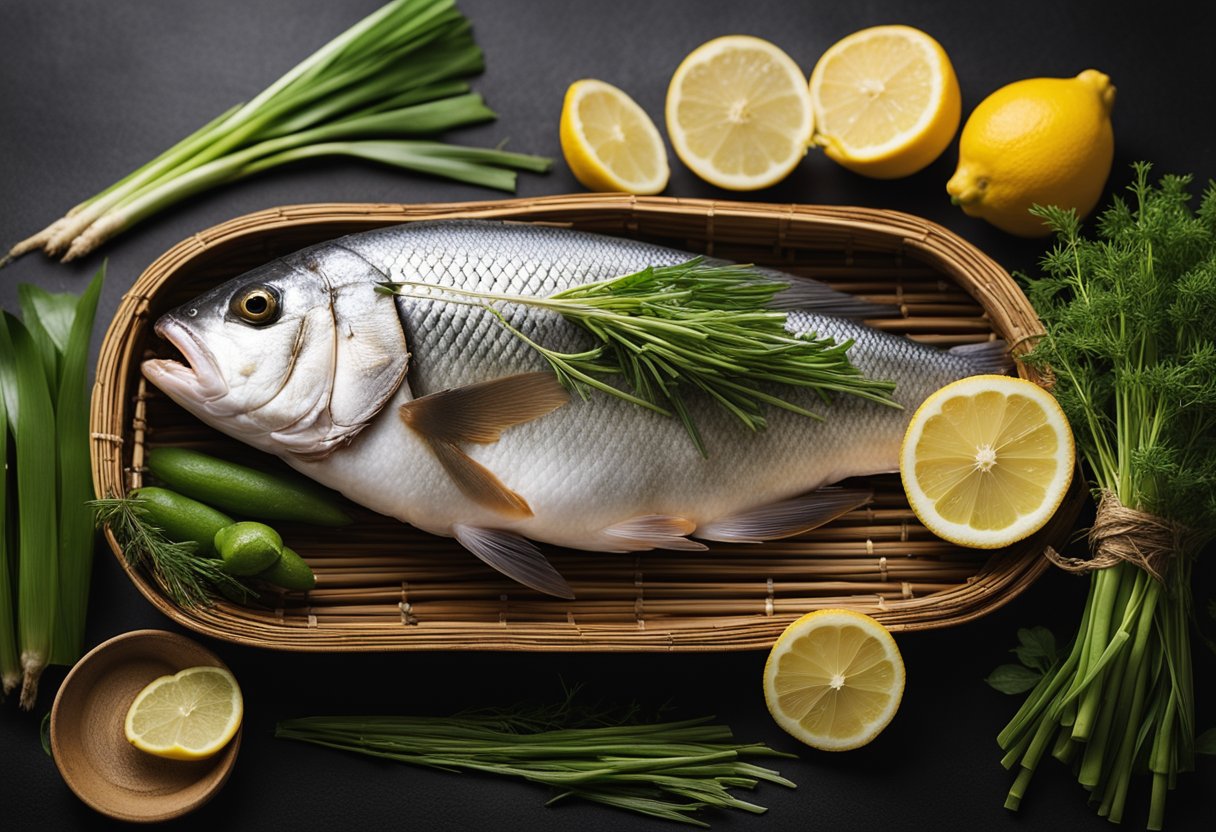 A whole fish lies on a bed of aromatic herbs in a bamboo steamer, surrounded by slices of ginger and lemongrass