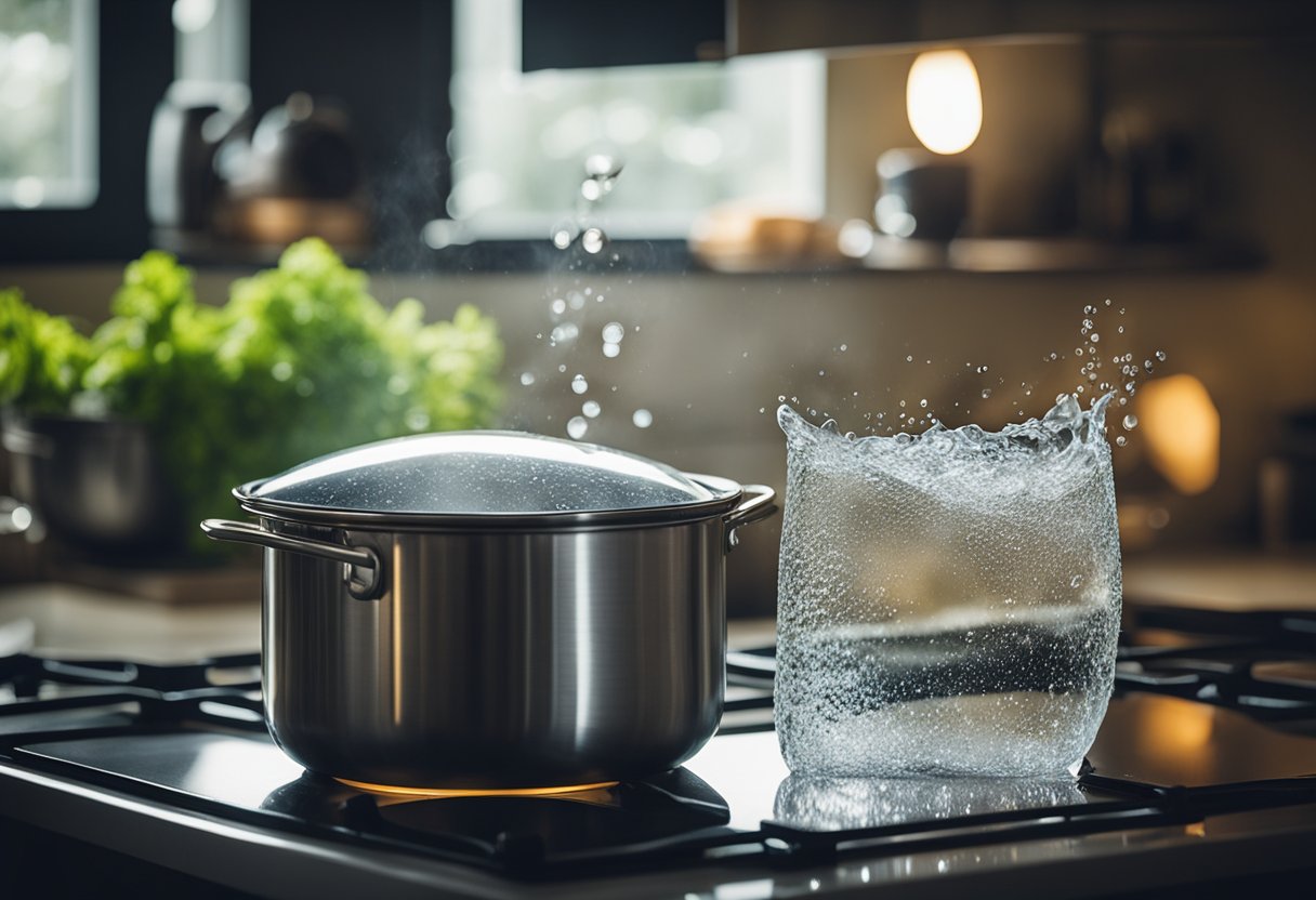 A pot of water boils on a stovetop. A fish fillet hovers above the steam, enclosed in a transparent pouch