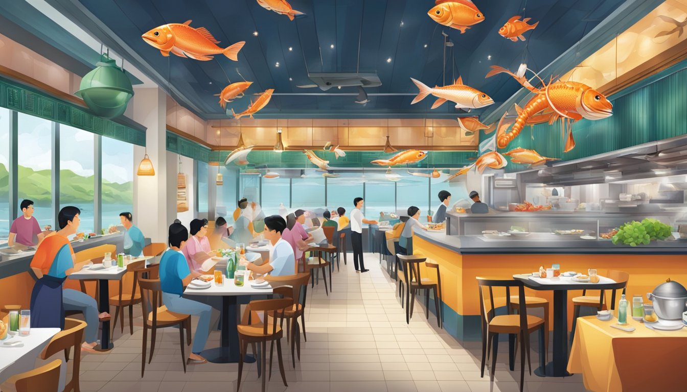 A bustling seafood restaurant in Singapore, with colorful decor and steaming dishes on every table