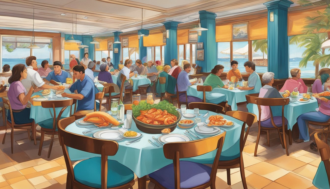 The bustling seafood restaurant is filled with the aroma of sizzling dishes and the sound of clinking cutlery. Tables are adorned with colorful tablecloths and surrounded by eager diners