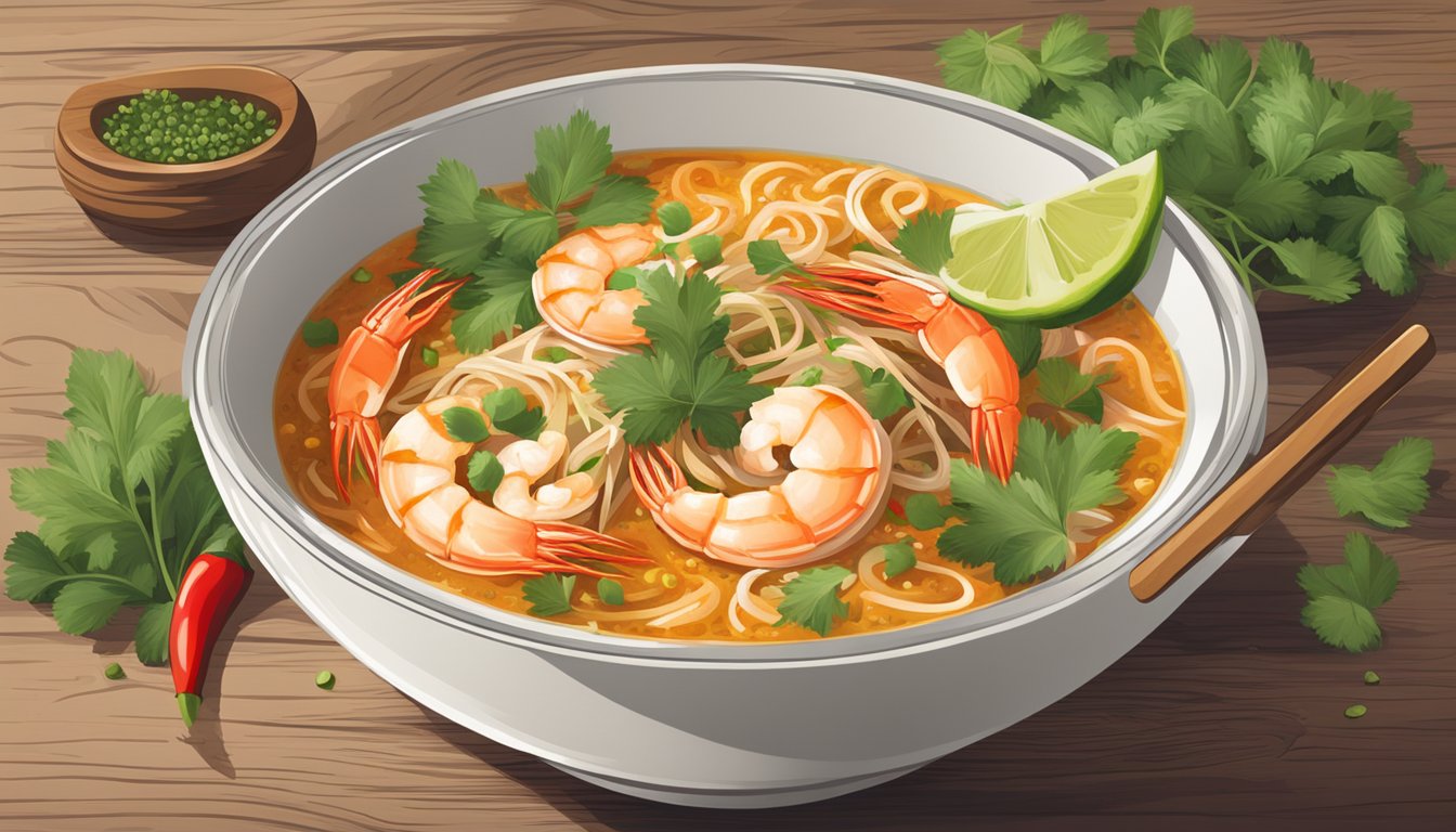 A steaming bowl of spicy prawn laksa sits on a rustic wooden table, garnished with fresh herbs and red chili slices