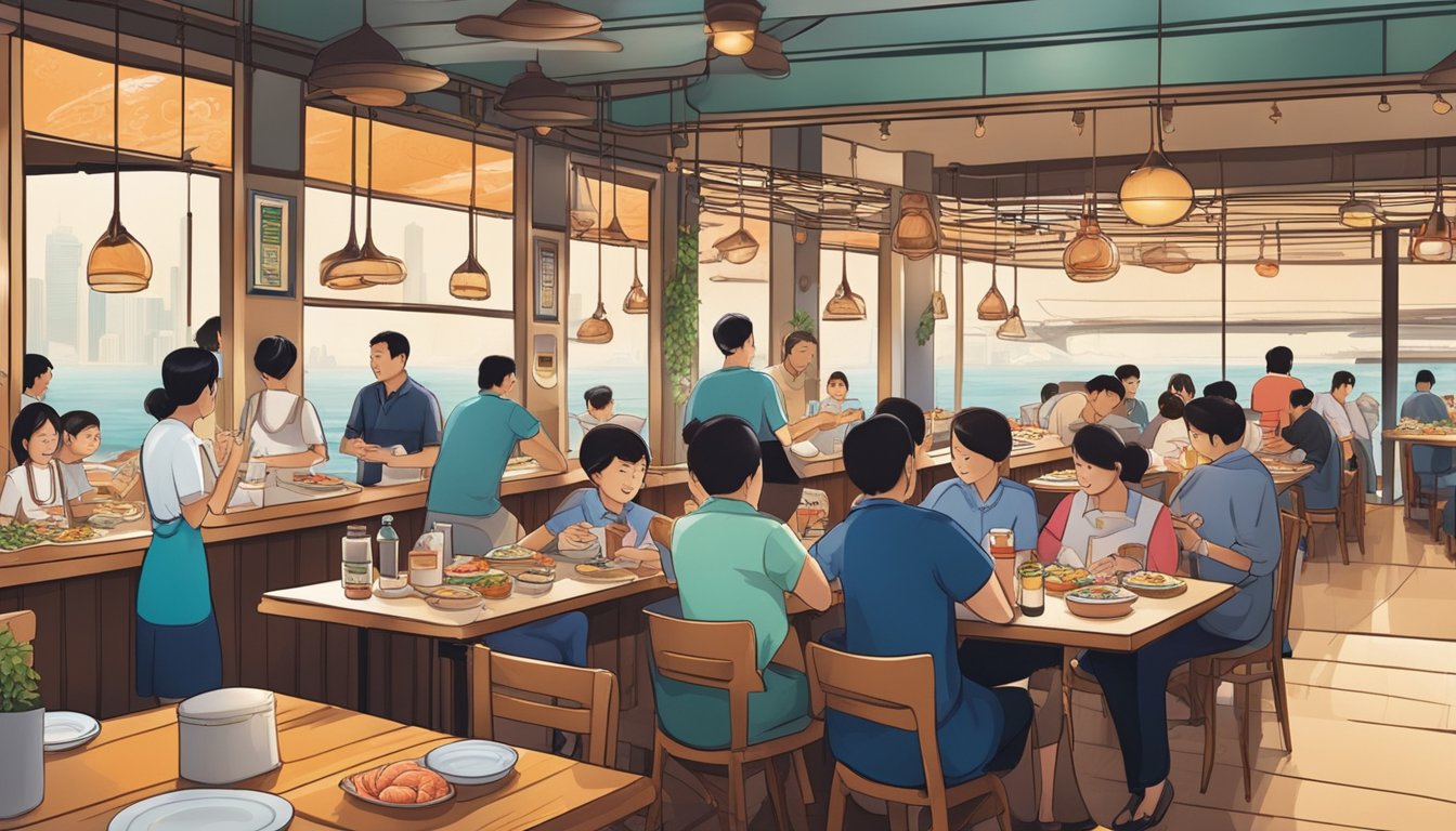 A bustling seafood restaurant in Singapore, with diners enjoying a variety of dishes. The aroma of sizzling seafood fills the air as the staff bustle around, attending to the needs of the customers