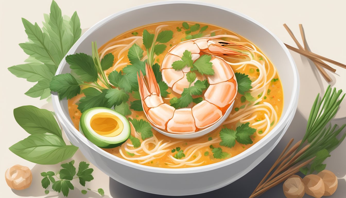 A steaming bowl of fragrant prawn laksa surrounded by fresh herbs and spices, with a hint of coconut milk in the air