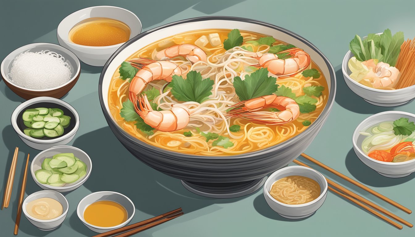 A steaming bowl of prawn laksa sits on a table, surrounded by condiments and chopsticks. Steam rises from the fragrant broth