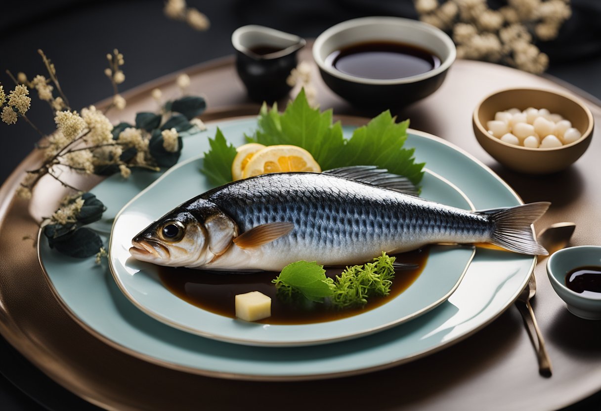 A live fish lying on a plate, surrounded by decorative garnishes and accompanied by a small dish of soy sauce