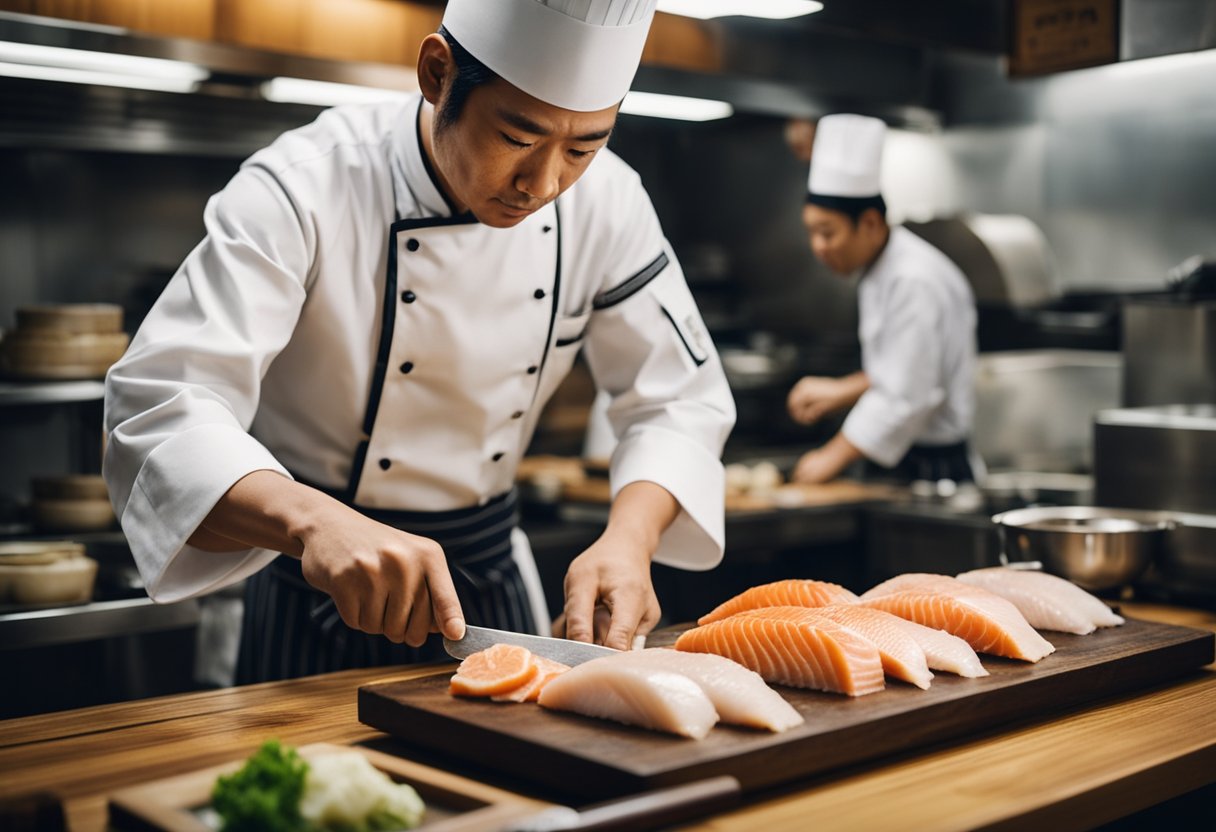 A chef expertly prepares ikizukuri fish, showcasing the delicate art of Japanese culinary tradition. The fresh fish is skillfully sliced and arranged, embodying the cultural significance of food presentation