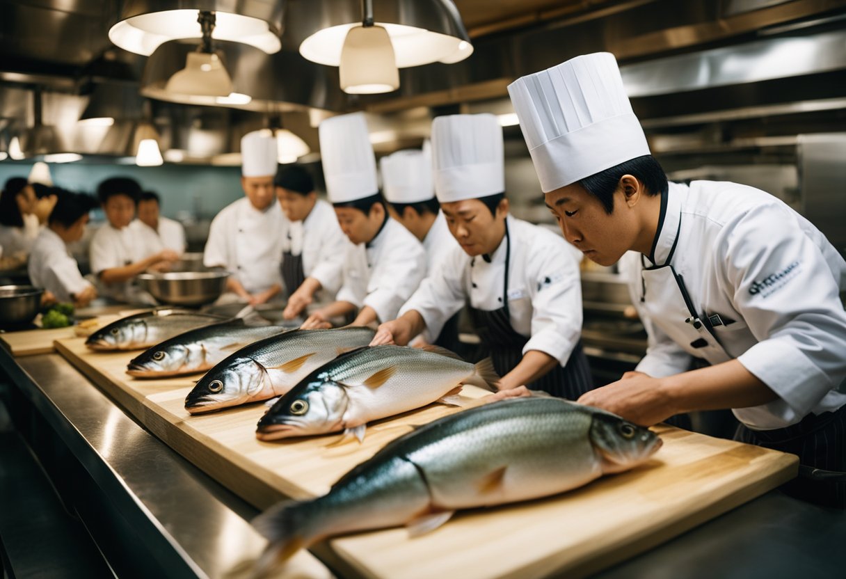 A chef skillfully prepares a live fish for ikizukuri, surrounded by curious onlookers. The fish is meticulously sliced and served while still moving