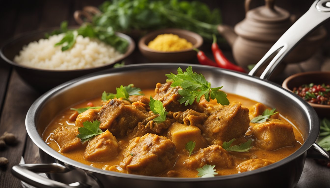 A large pot bubbling with spicy Indian curry fish head, surrounded by aromatic herbs and spices