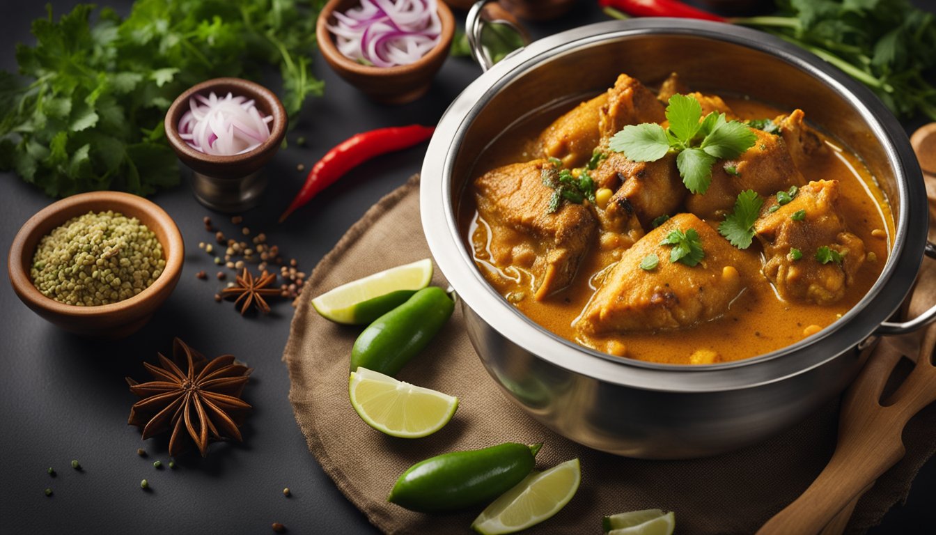 A bubbling pot of Indian curry fish head, surrounded by aromatic spices and herbs, symbolizing the rich culinary heritage and cultural significance of the dish