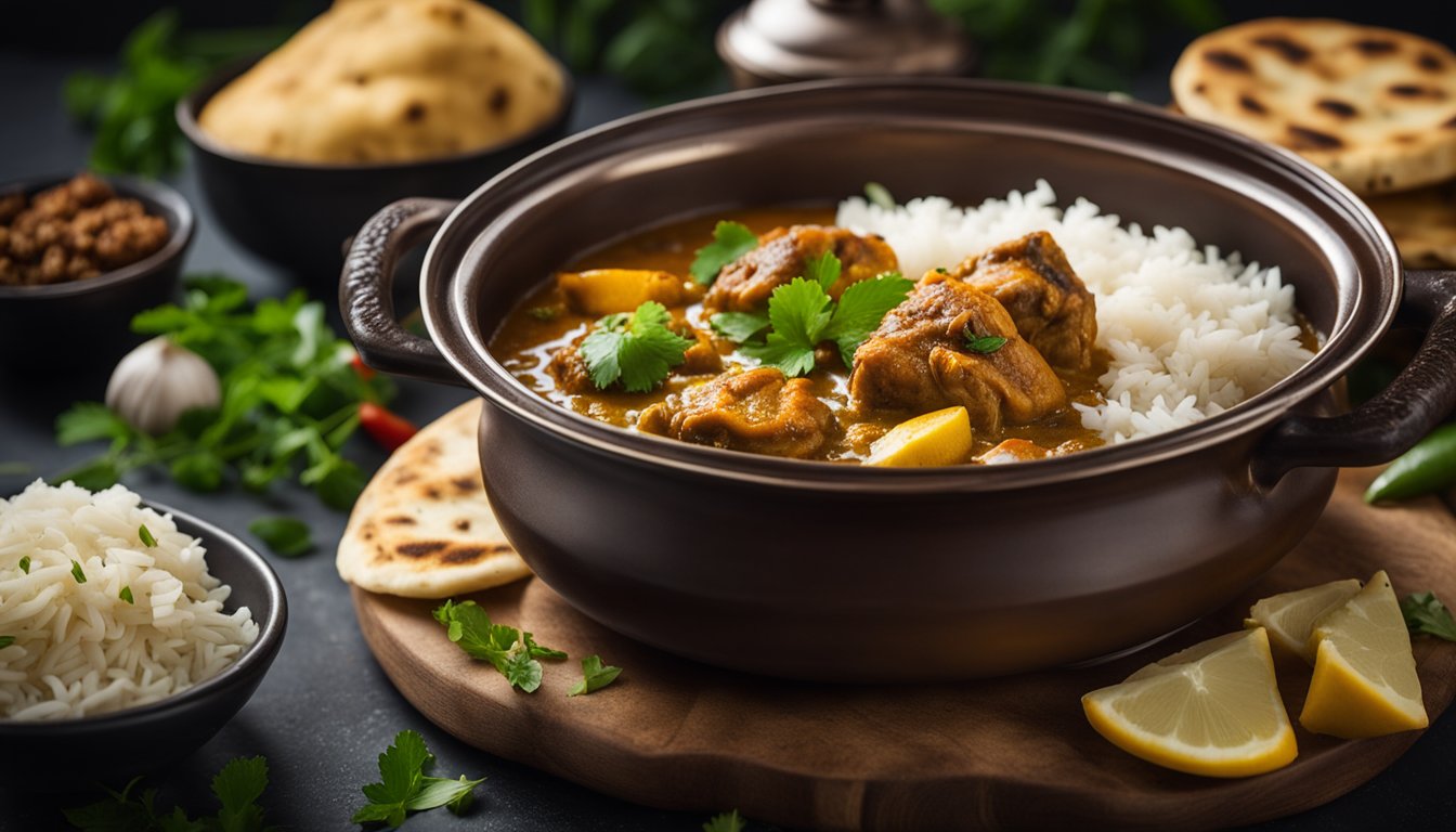 A pot of simmering curry fish head surrounded by aromatic spices and herbs, with a side of fluffy basmati rice and a stack of warm naan bread