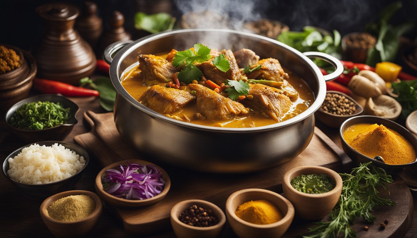 A steaming pot of Indian curry fish head surrounded by various spices and ingredients, with a "Frequently Asked Questions" sign in the background