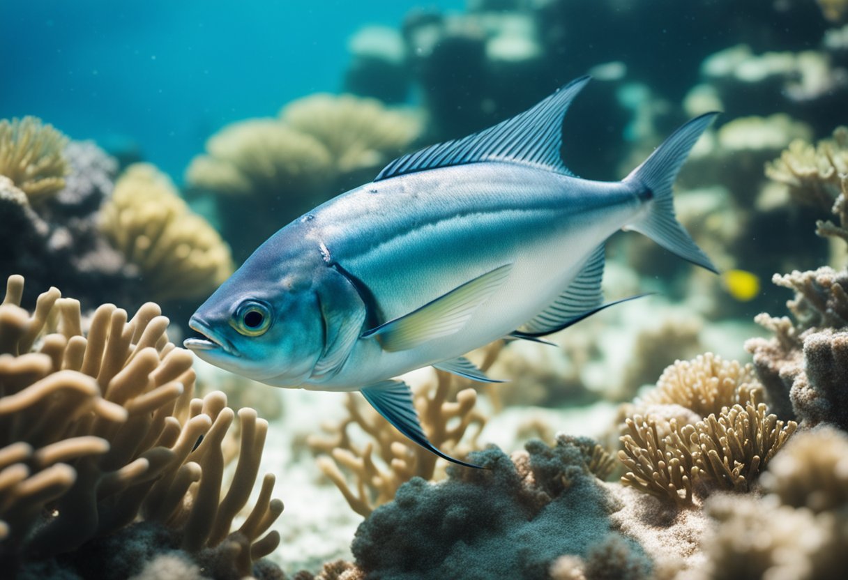 A majestic jack fish swims gracefully through the crystal-clear waters, its vibrant colors shimmering in the sunlight. The surrounding coral reef provides a stunning backdrop for this beautiful marine creature