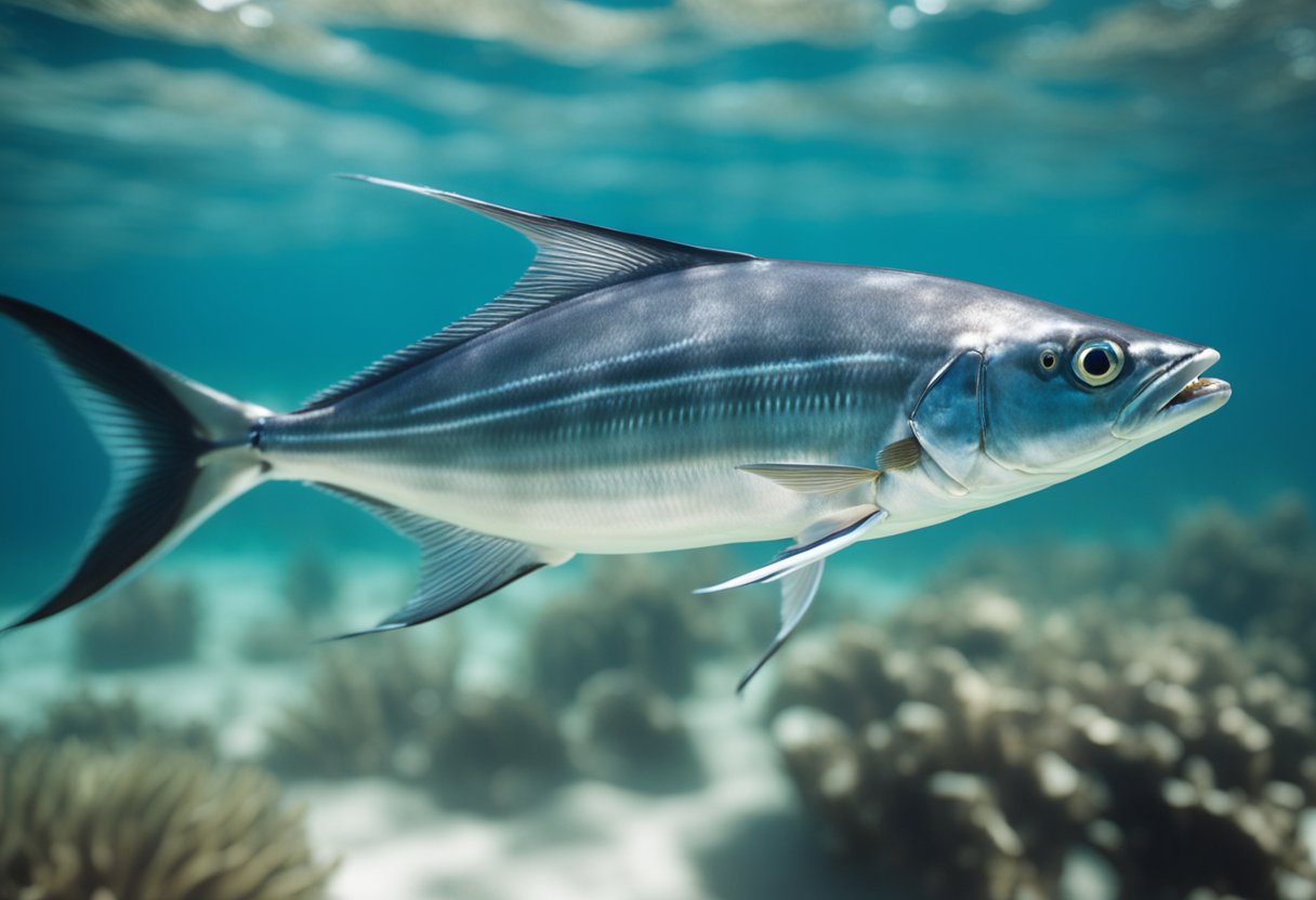 A jack fish swims through clear blue waters, its sleek body reflecting the sunlight. Its distinctive long dorsal fin and silver scales make it easily identifiable