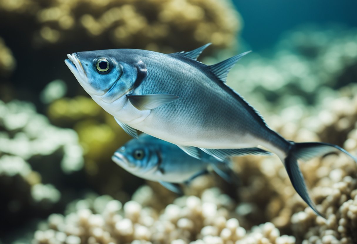 Two jack fish swimming closely, one nipping at the other's tail