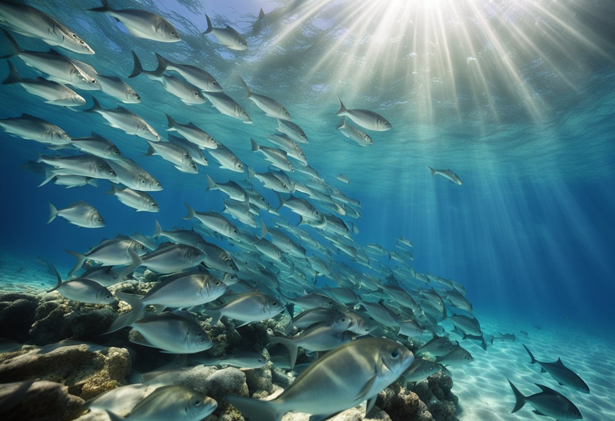 A school of jack fish swimming in clear blue waters, with sunlight filtering through the surface, creating dappled patterns on the ocean floor