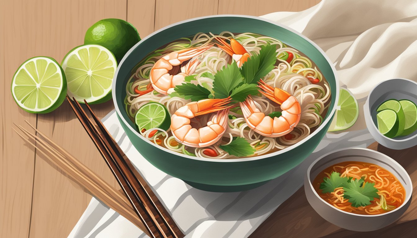 A steaming bowl of jalan kayu prawn mee sits on a wooden table, surrounded by fresh lime, chili, and a pair of chopsticks