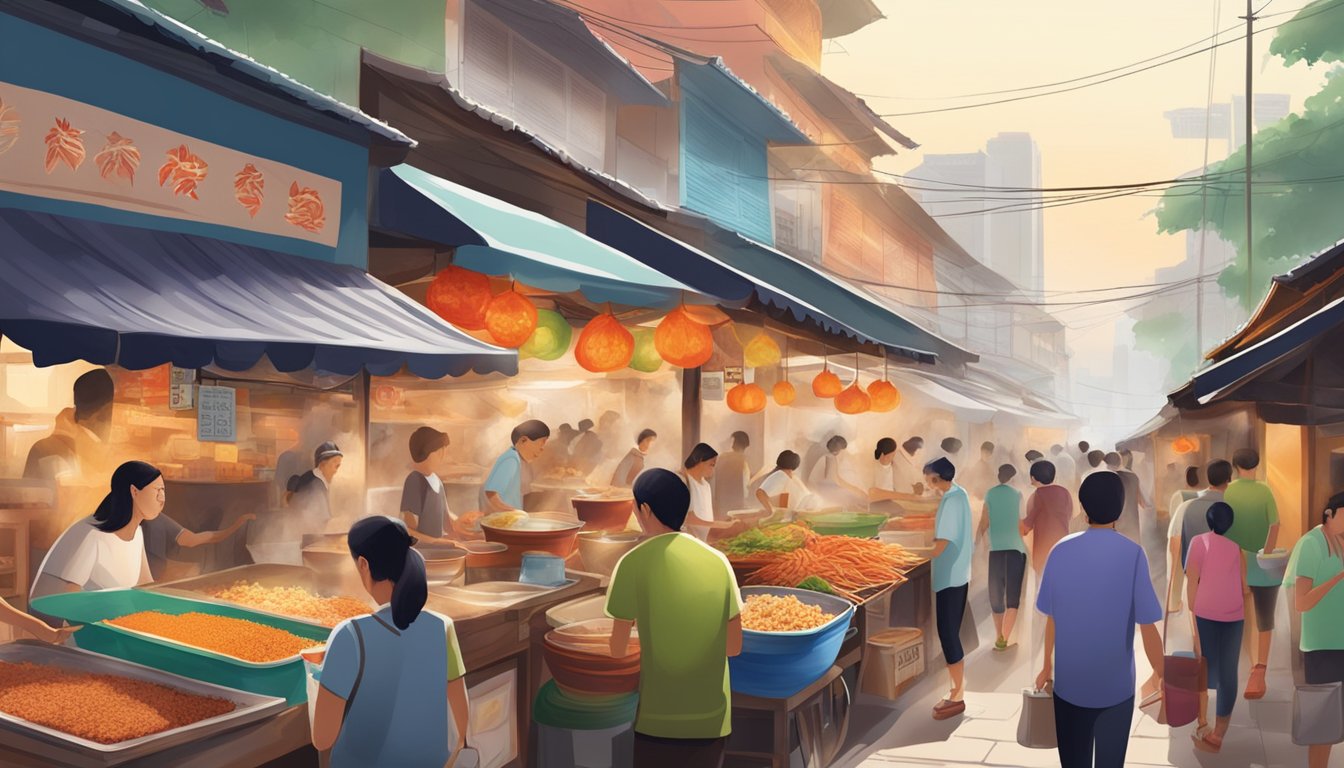 A bustling street lined with colorful food stalls, steaming bowls of jalan kayu prawn mee, fragrant spices filling the air