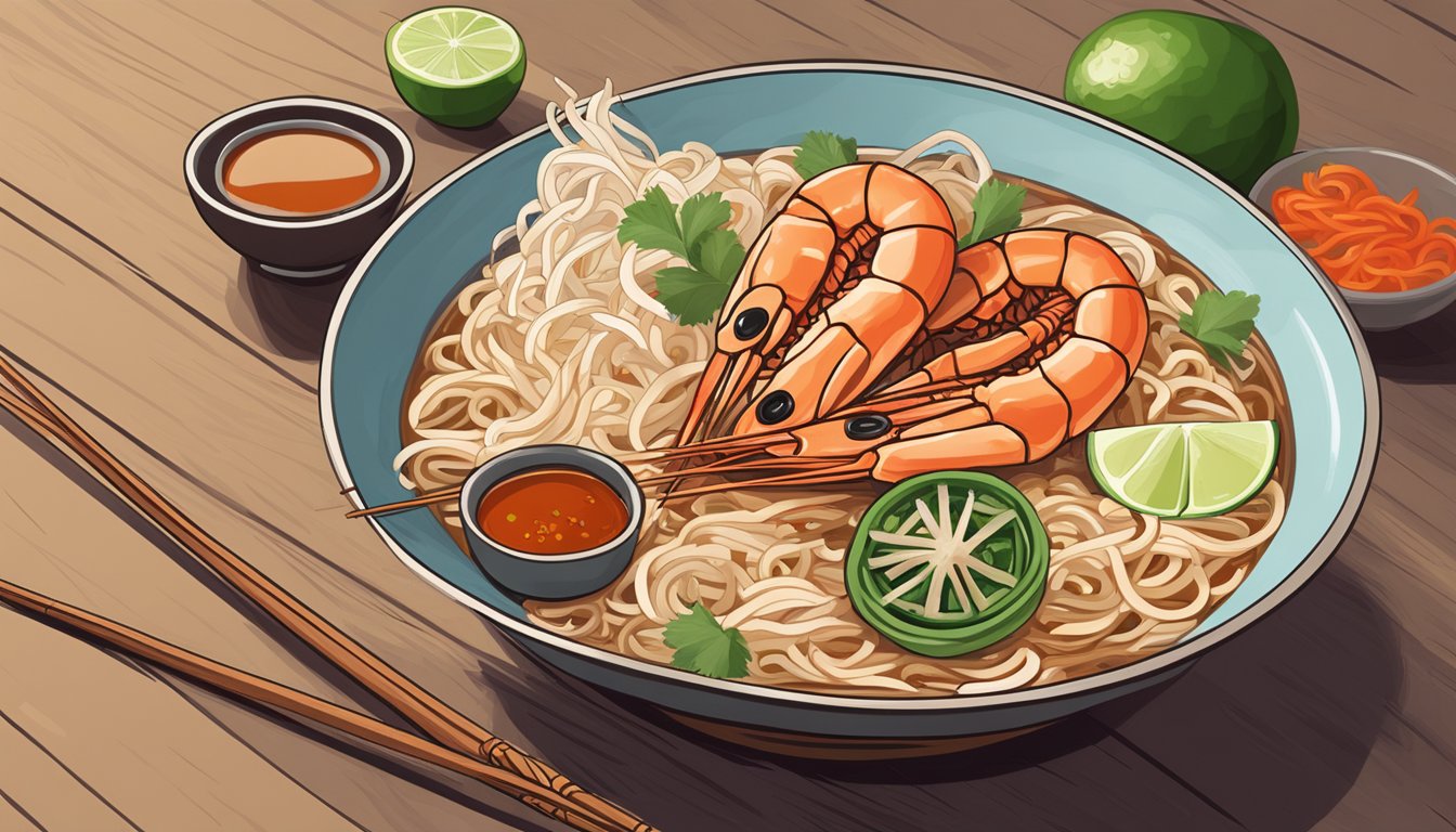 A steaming bowl of Jalan Kayu prawn mee sits on a wooden table, surrounded by chili, lime, and a pair of chopsticks