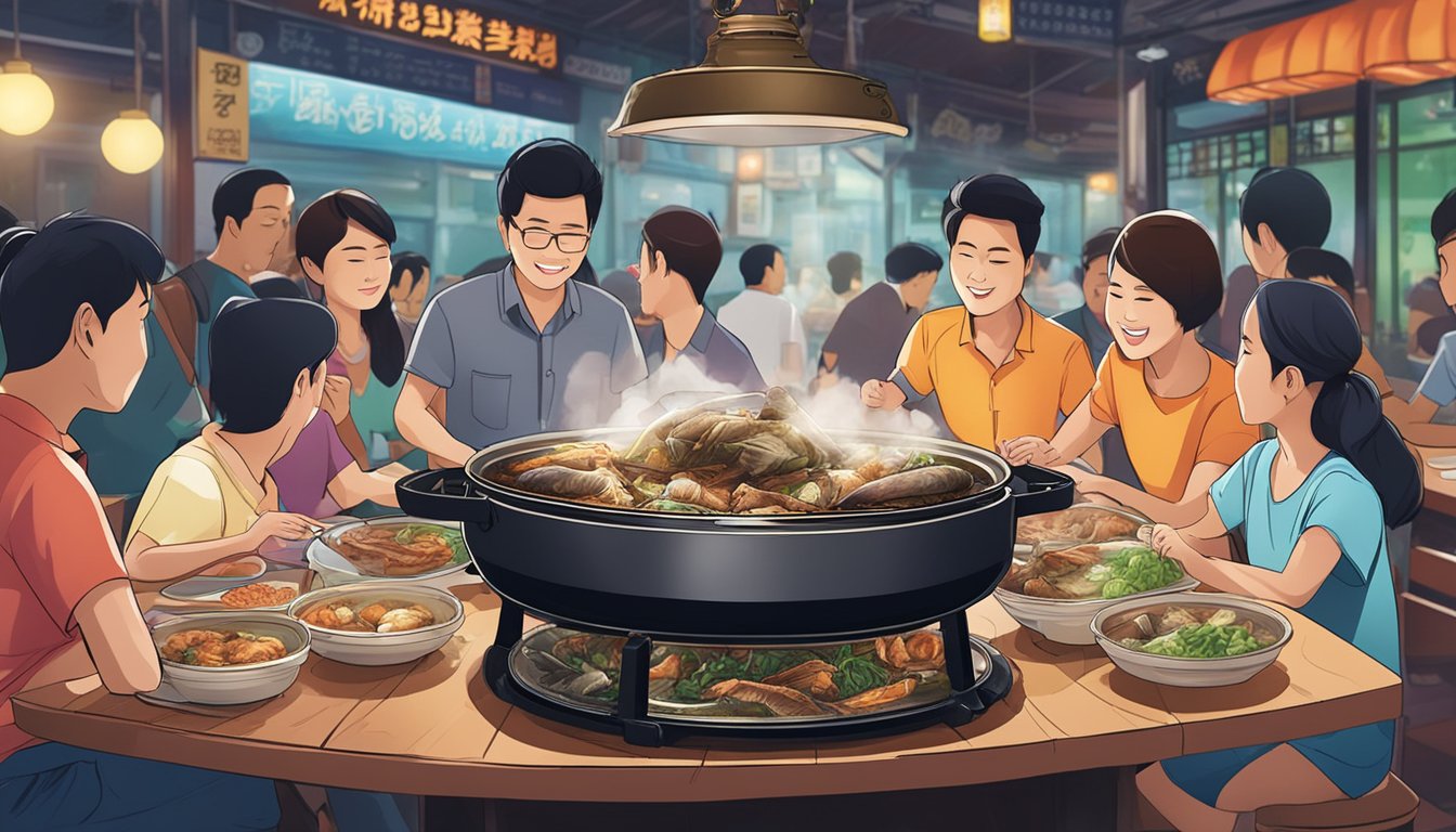 A bubbling pot of fish head steamboat sits on a table at Jalan Sultan, surrounded by diners enjoying the fragrant aroma