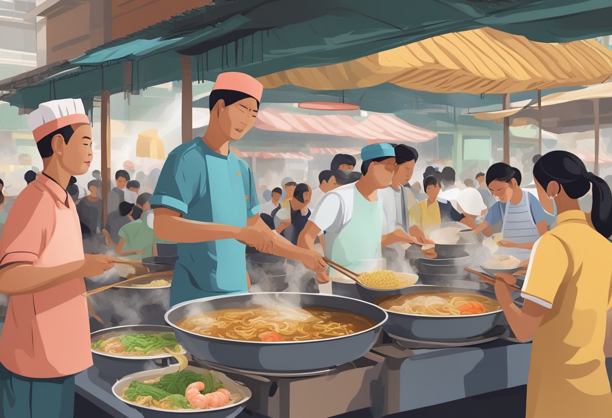A bustling hawker center with steaming pots, a chef tossing noodles, and customers slurping up flavorful prawn broth at Jalan Sultan