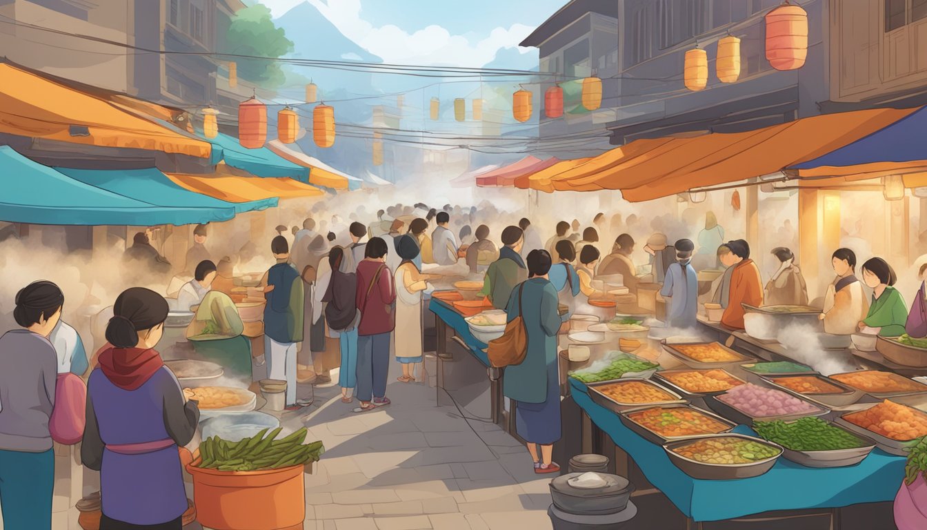 A bustling street market with colorful stalls and steam rising from bubbling pots of fish head steamboat soup. Customers eagerly line up for a taste of the fragrant and spicy dish