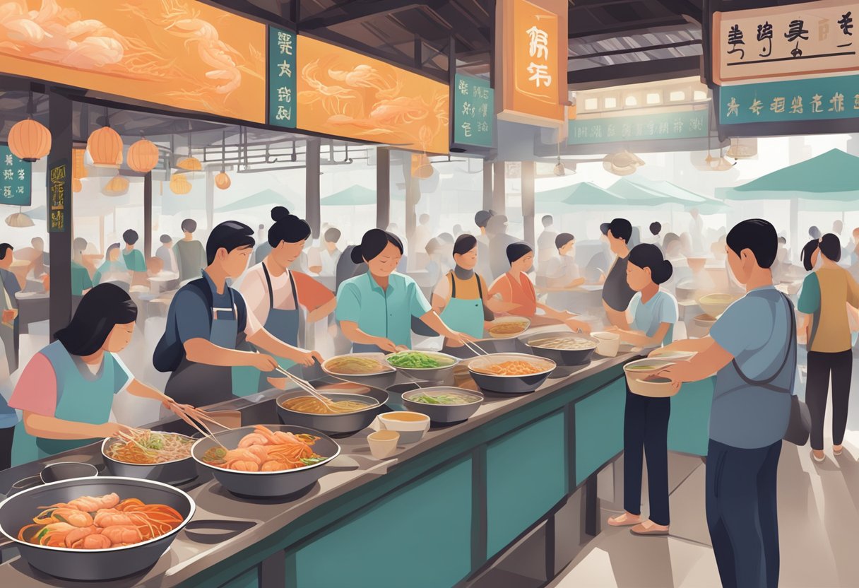 A bustling hawker center with colorful signage and steaming bowls of prawn noodles being served to eager customers