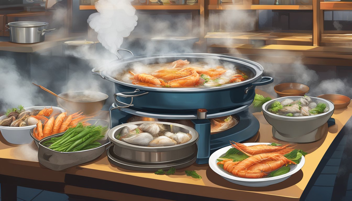 A steaming hot fish head steamboat sits on a table at Frequently Asked Questions on Jalan Sultan. Steam rises from the bubbling broth, and the aroma of fresh seafood fills the air