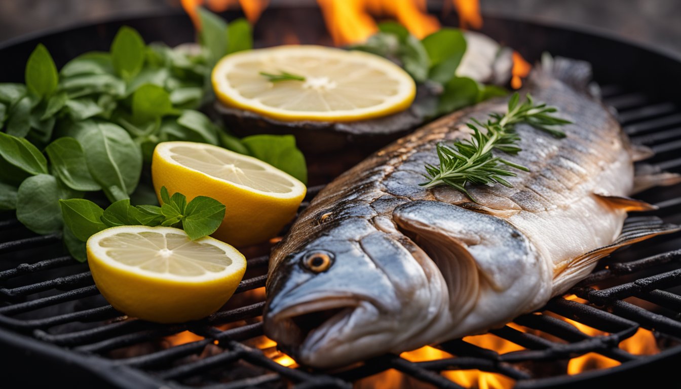 A fresh, whole fish sizzling on a grill with charred grill marks, surrounded by lemons and herbs