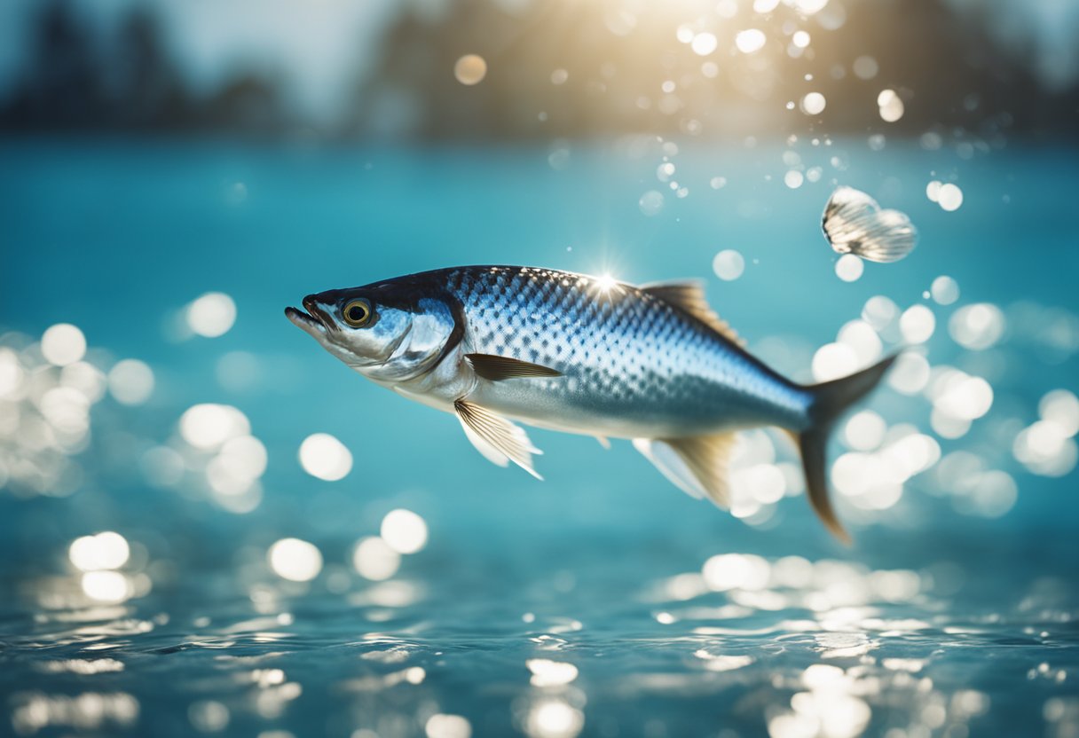 A sleek, silver bonito fish leaps from the shimmering blue waters, its scales glistening in the sunlight as it arcs through the air