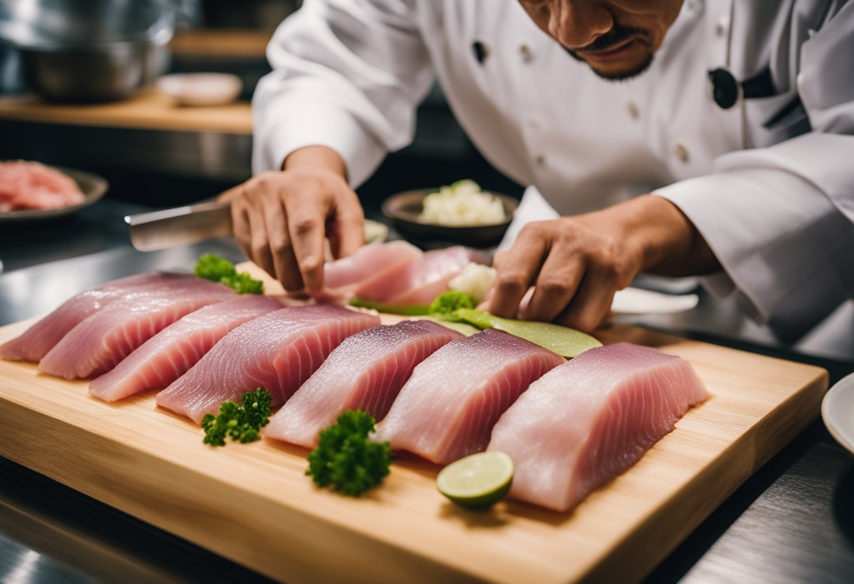 A Japanese chef expertly slices bonito fish for sashimi, showcasing its culinary significance in Japan