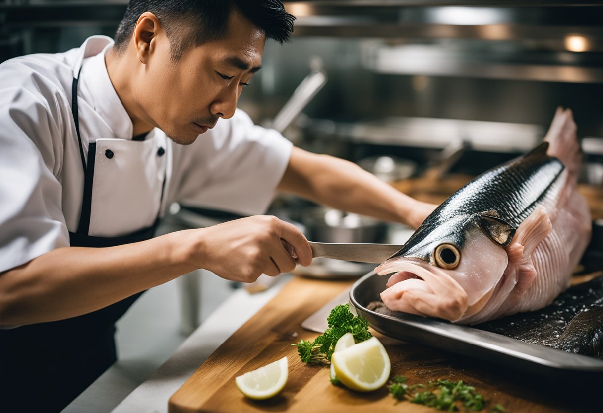 A Japanese chef fillets a bonito fish and carefully removes the bones before marinating the meat in a mixture of salt and vinegar to prepare it for preservation