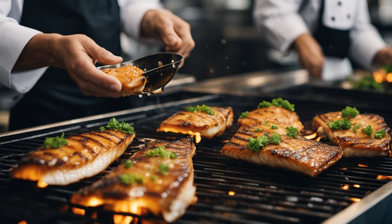 A chef seasons a fish with soy sauce and grills it over hot coals. The fish is golden brown and glistening with savory juices