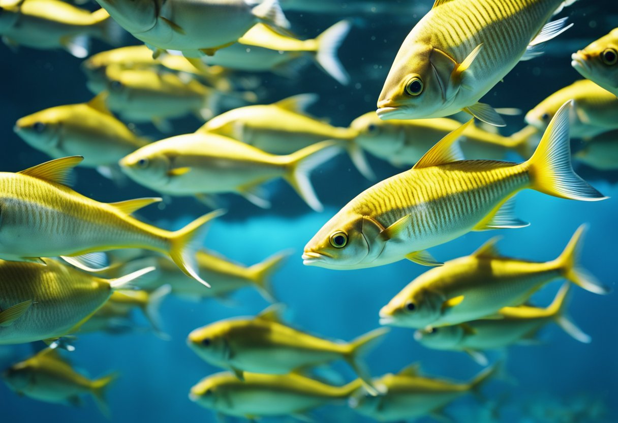 A school of Japanese bonito fish swimming in clear blue waters, with sunlight filtering through the surface creating a shimmering effect