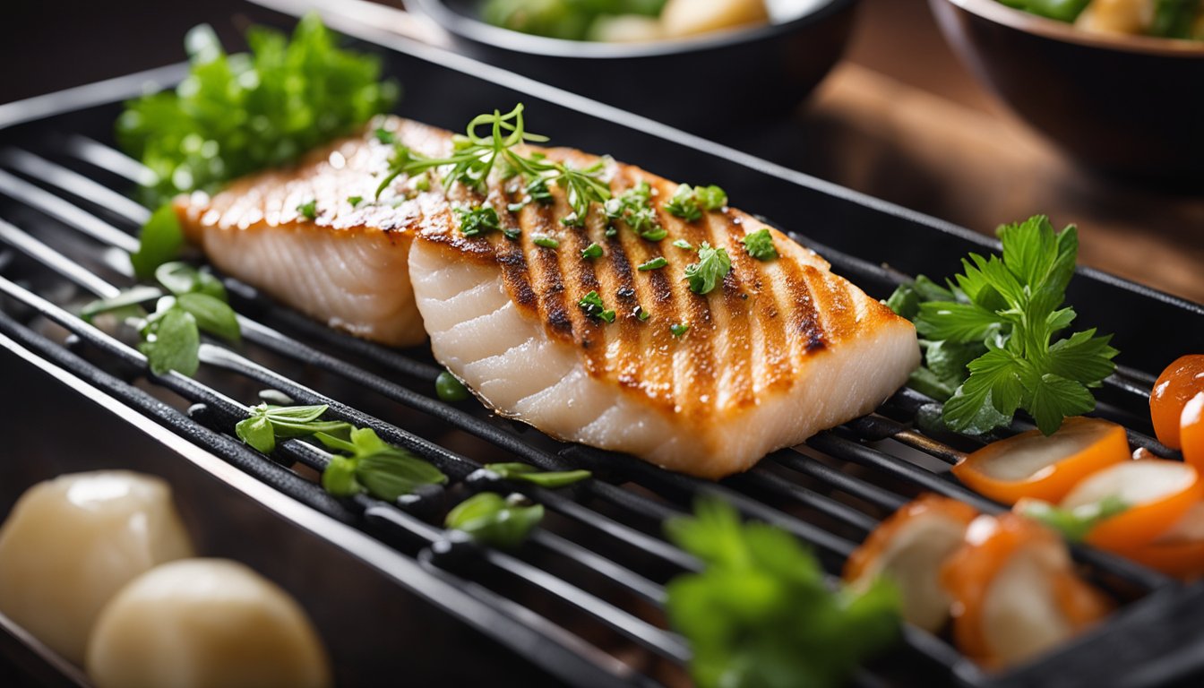 A sizzling fish fillet on a traditional Japanese grill, surrounded by aromatic steam and garnished with fresh herbs