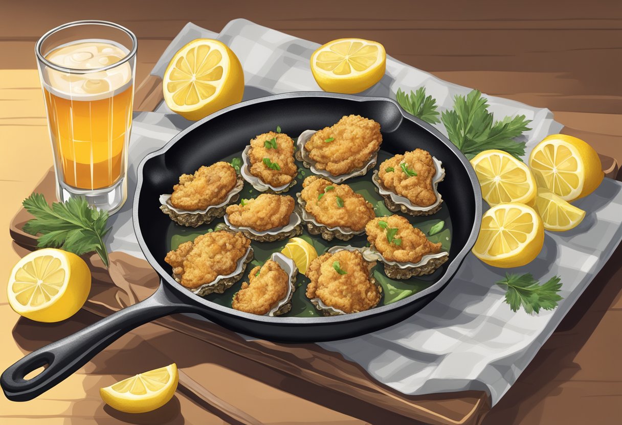 A sizzling hot skillet with golden-brown, crispy fried oysters, surrounded by a garnish of fresh lemon wedges and a side of tangy cocktail sauce