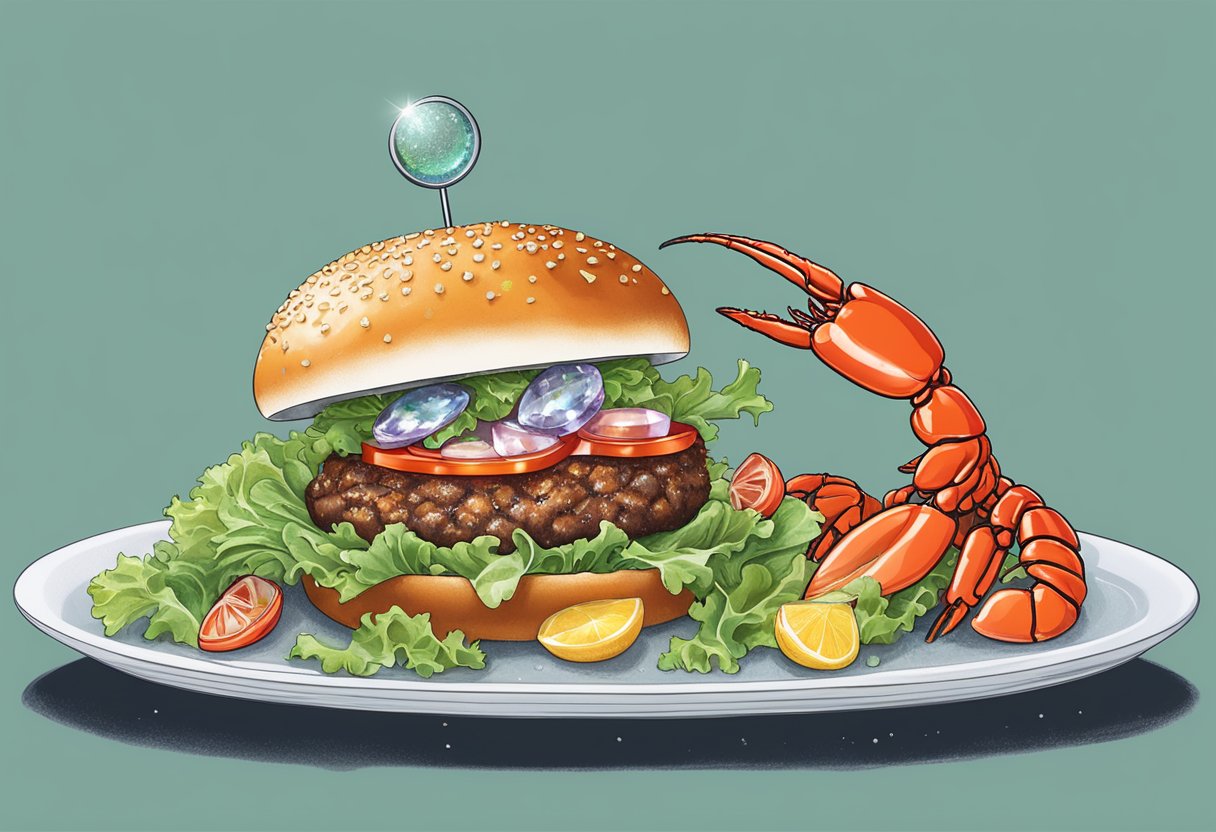 A sizzling burger topped with glistening jewels and a plump lobster on a bed of lettuce