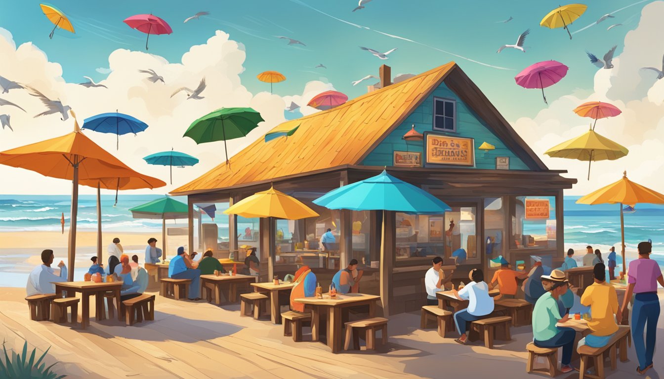 A bustling seaside crab shack with colorful umbrellas, wooden tables, and a lively atmosphere. Waves crash in the background as seagulls circle overhead