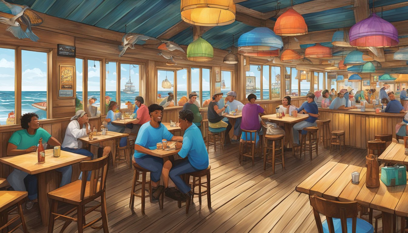 The bustling atmosphere of Joe's Crab Shack, with colorful decor, wooden tables, and the sound of seagulls and waves