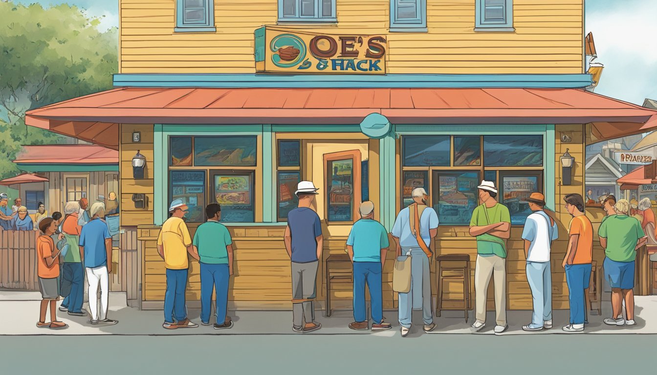 Customers line up outside Joe's Crab Shack, eagerly waiting to enter. A colorful sign with "Frequently Asked Questions" catches their attention. The smell of seafood fills the air