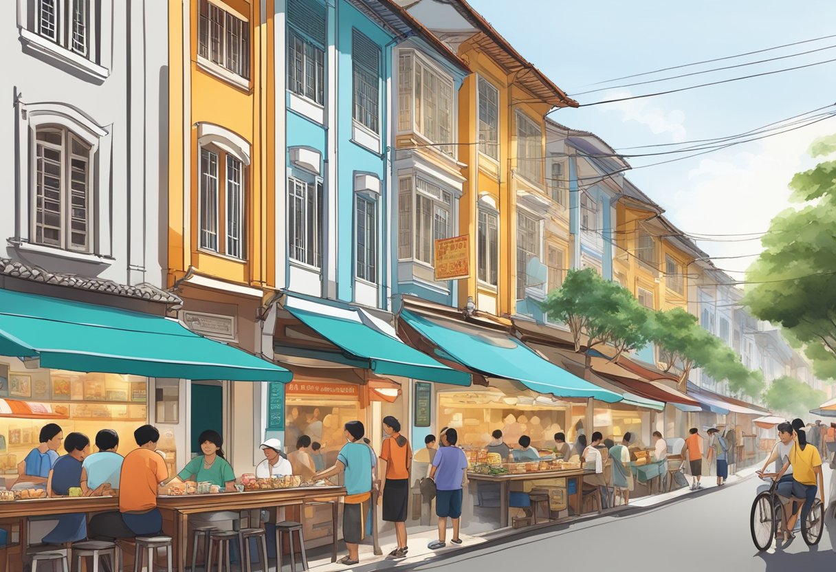 A bustling hawker stall, steam rising from bowls of fragrant fish soup, colorful storefronts lining the vibrant Joo Chiat street
