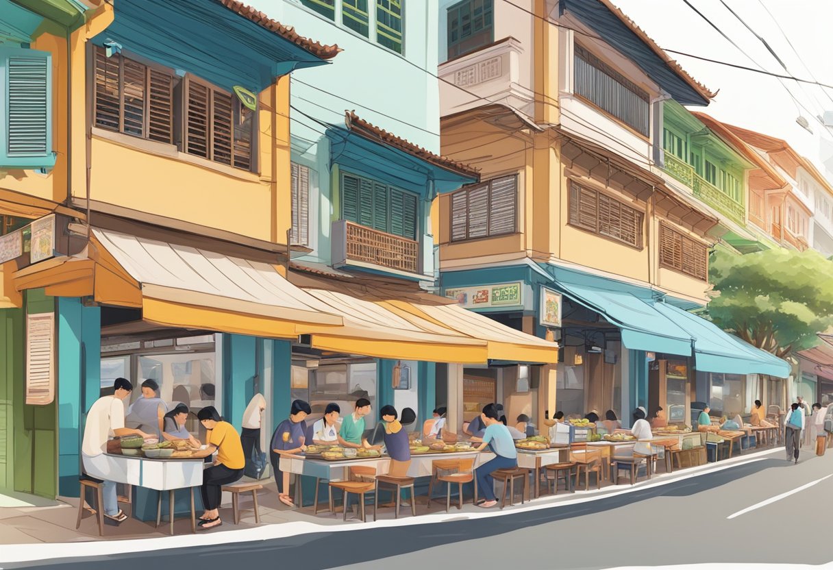 A bustling hawker center, with steaming bowls of fragrant fish soup, surrounded by colorful shophouses in the vibrant Joo Chiat neighborhood
