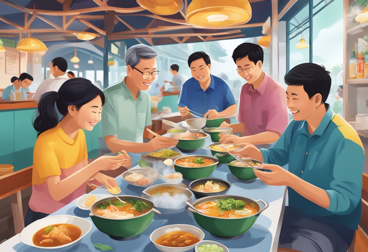 Customers enjoying joo chiat fish soup at a bustling eatery, with steam rising from the fragrant bowls and the vibrant colors of the ingredients