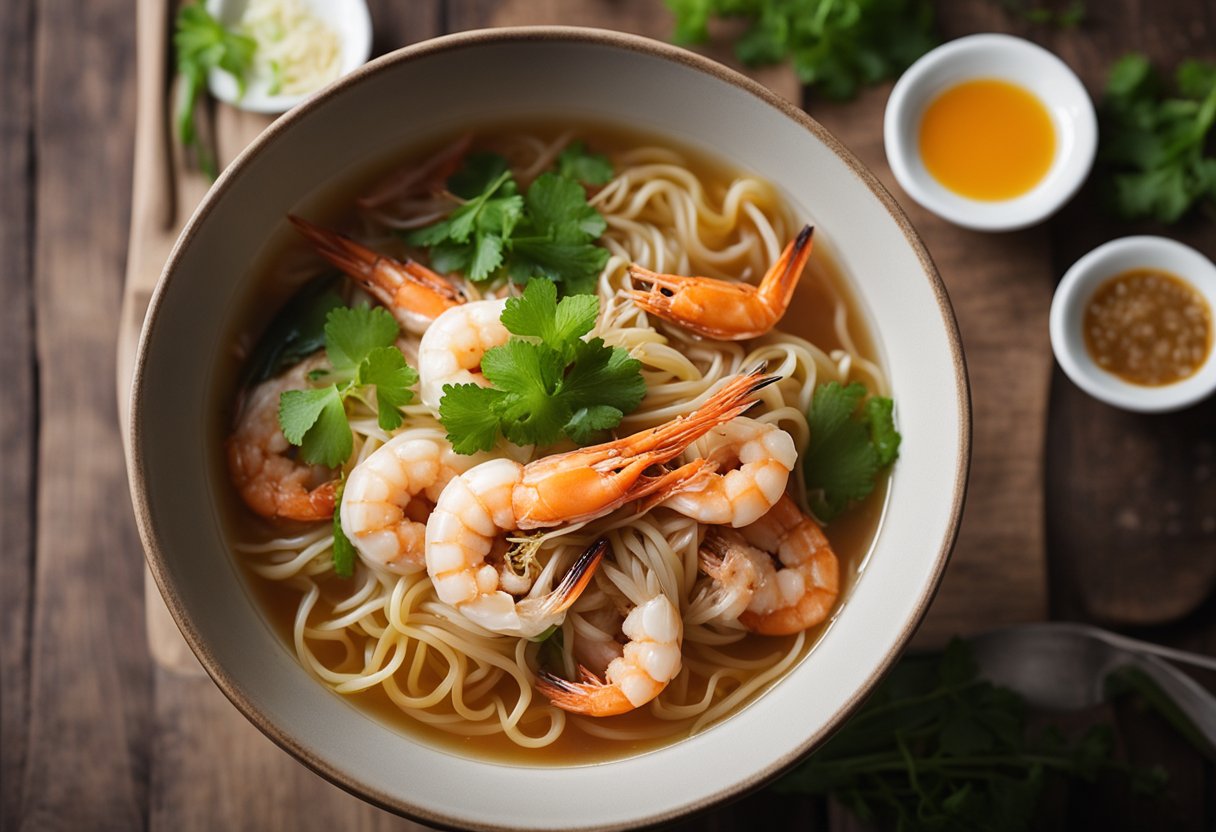 A steaming bowl of Kallang Cantonese live prawn noodle, with vibrant prawns, springy noodles, and fragrant broth, sits on a rustic wooden table