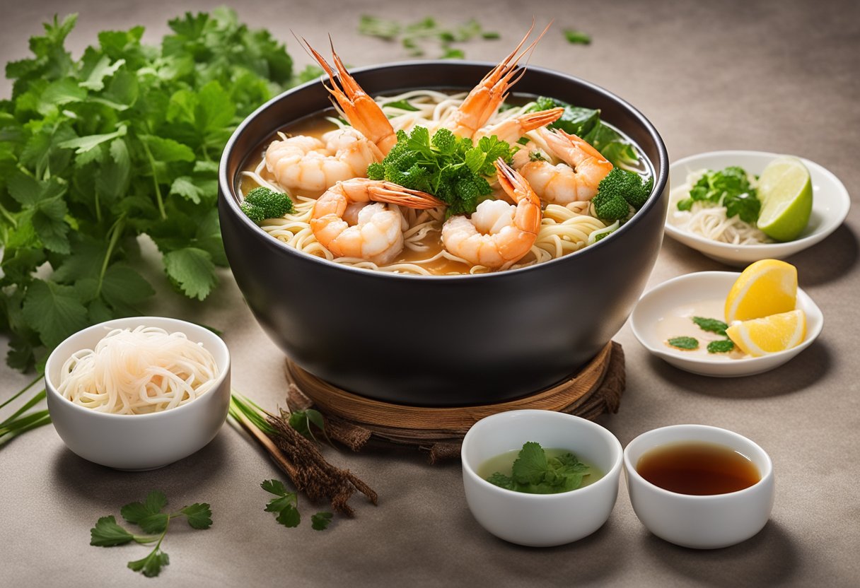 A steaming bowl of Kallang Cantonese Live Prawn Noodle, with plump prawns, springy noodles, and fragrant broth, surrounded by fresh herbs and condiments